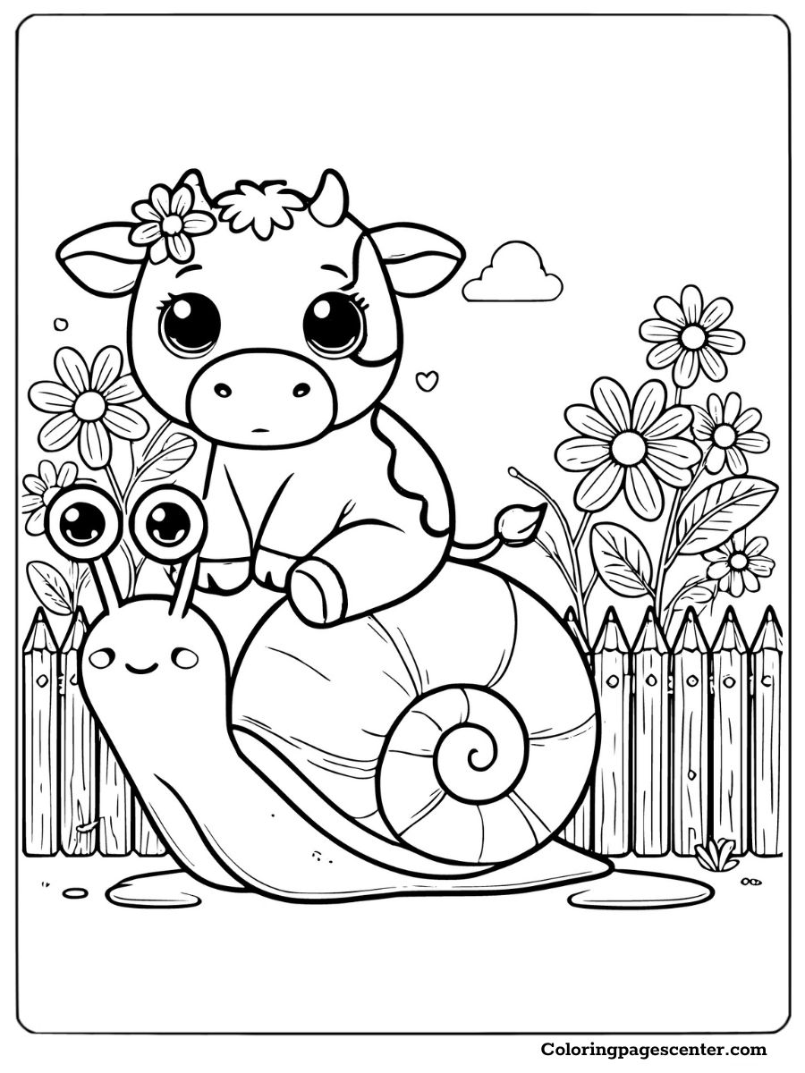 Mini cow and snail coloring page with flowers