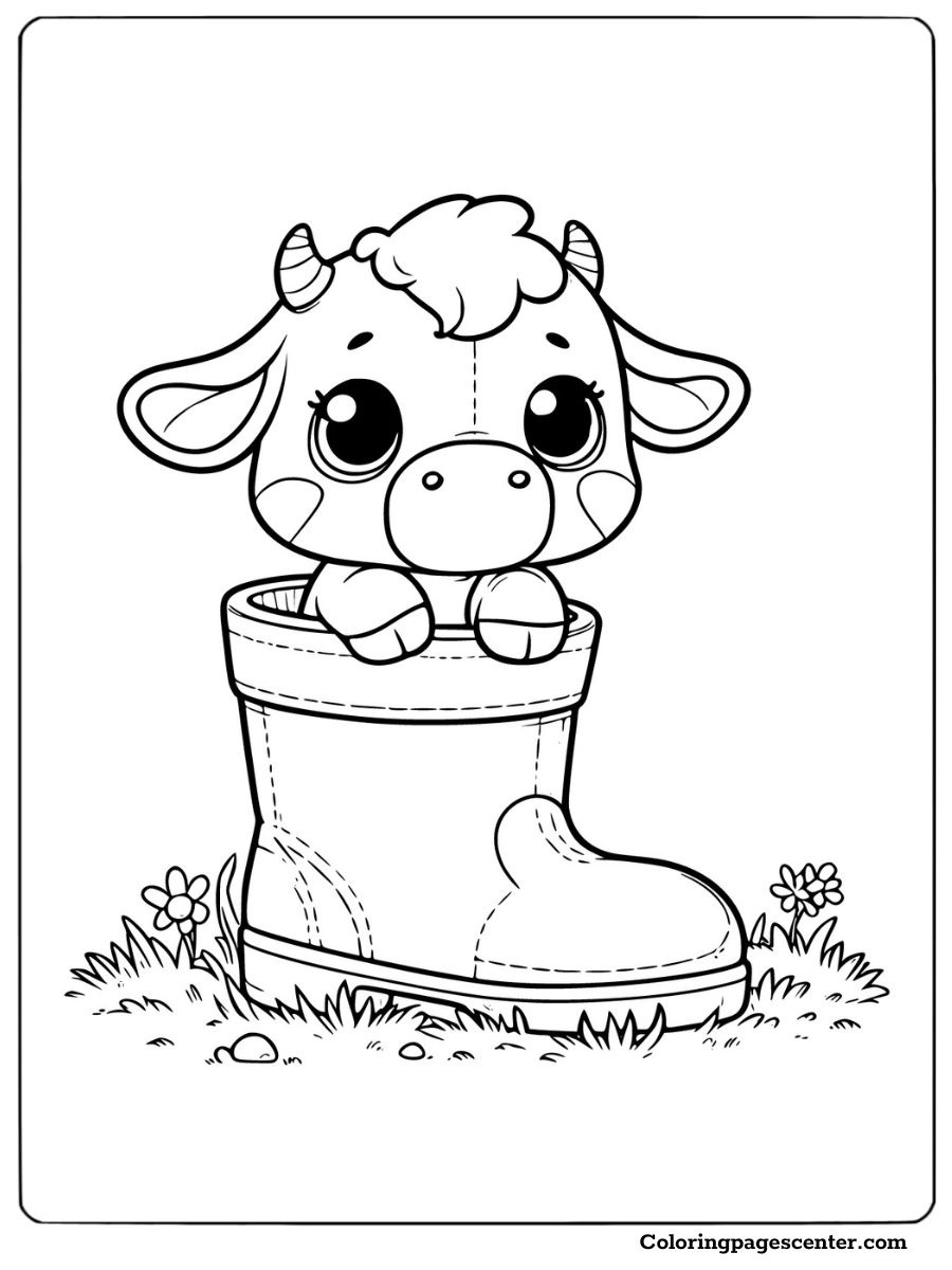 Mini cow in a boot coloring page for children