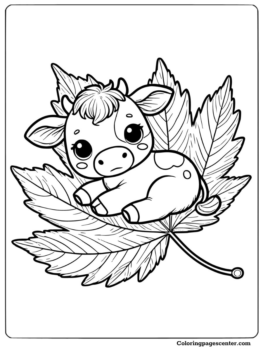 Mini cow on a leaf coloring page for kids