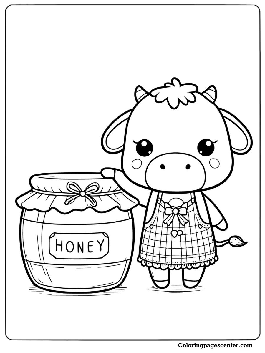 Cute mini cow with honey jar coloring page