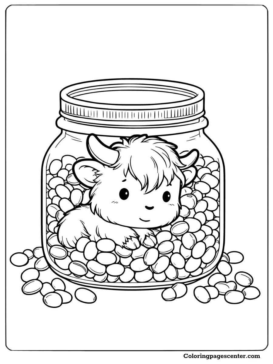 Mini highland cow in a jar full of beans coloring page