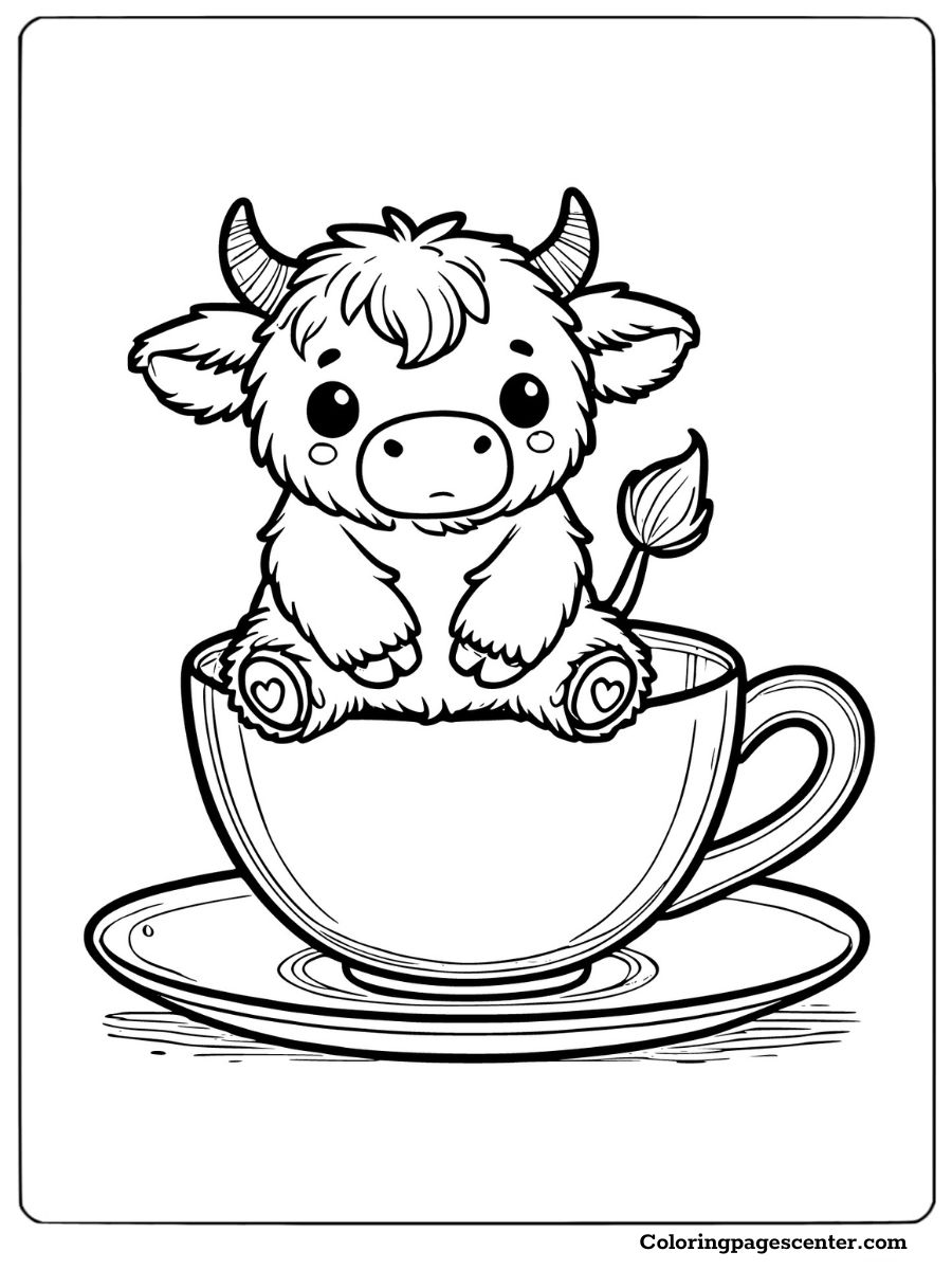 Charming mini highland cow in a teacup coloring page