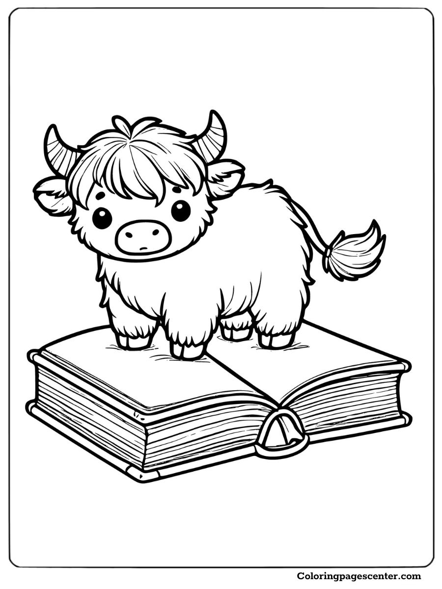 Cute mini highland cow standing on a book coloring page