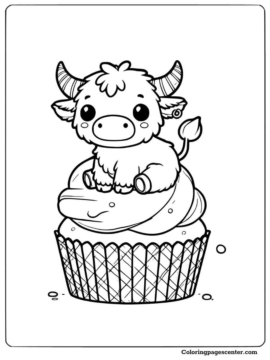 Mini highland cow sitting on a cupcake coloring page