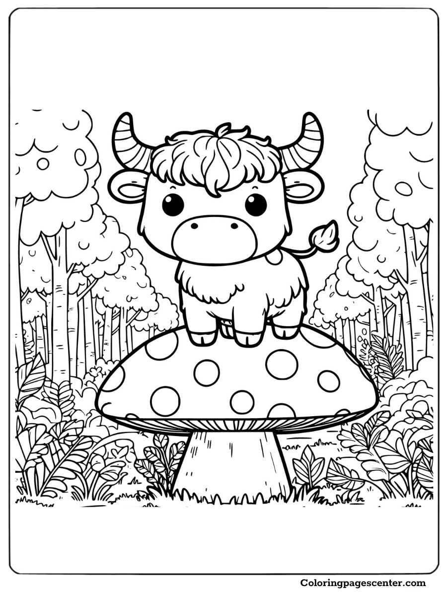 Mini highland cow sitting on a mushroom coloring page