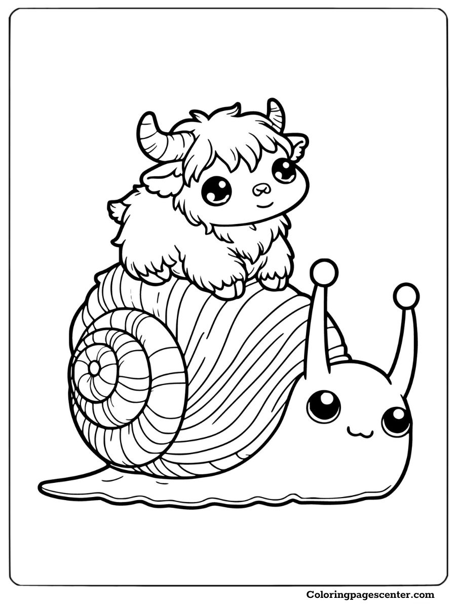 Playful mini highland cow riding a snail coloring page