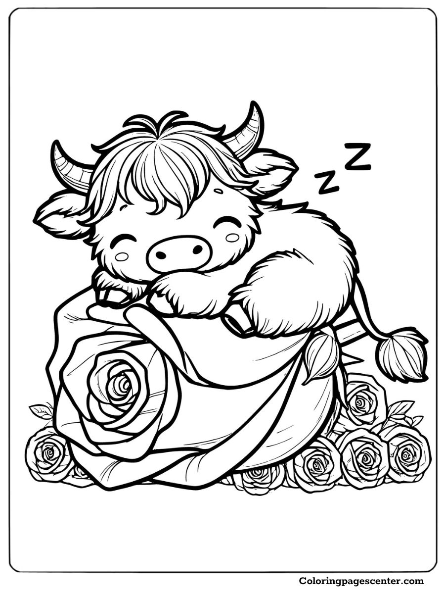 Sweet mini highland cow napping on a rose coloring page