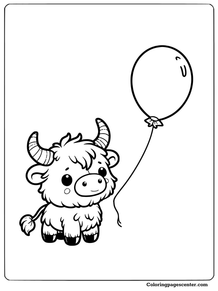 Mini highland cow holding a balloon coloring page