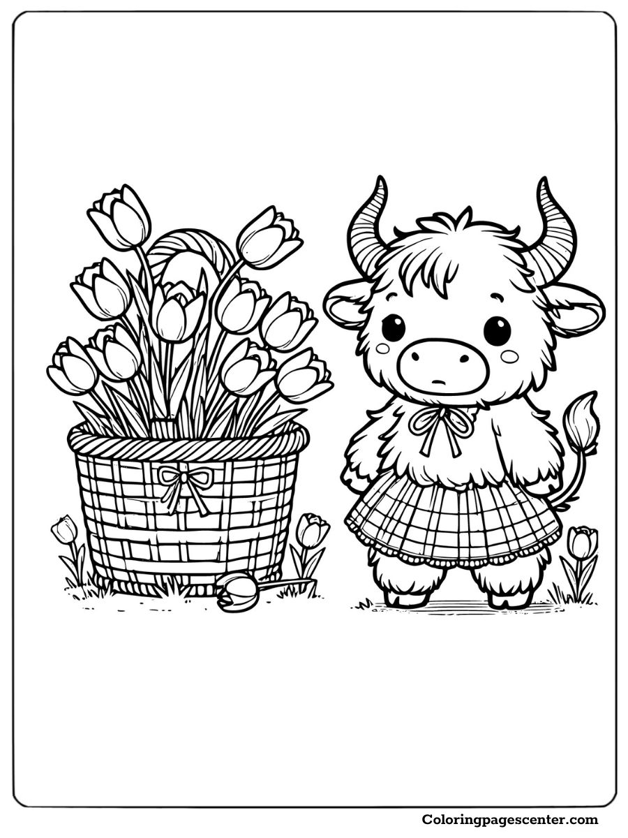 Adorable mini highland cow and tulips coloring page