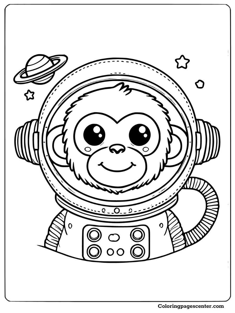 A monkey face in an astronaut suit floating in space coloring picture