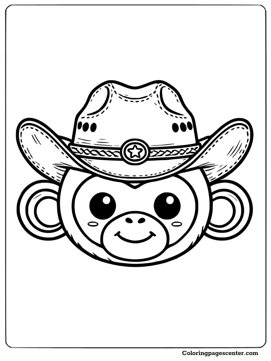 A cute monkey face with a cowboy hat coloring sheet