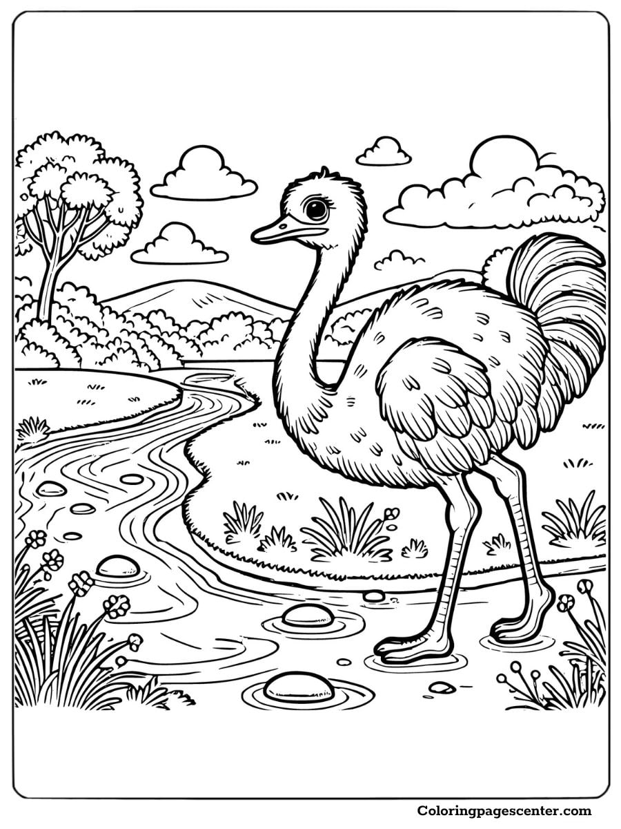 Ostrich coloring page in a green meadow near a stream