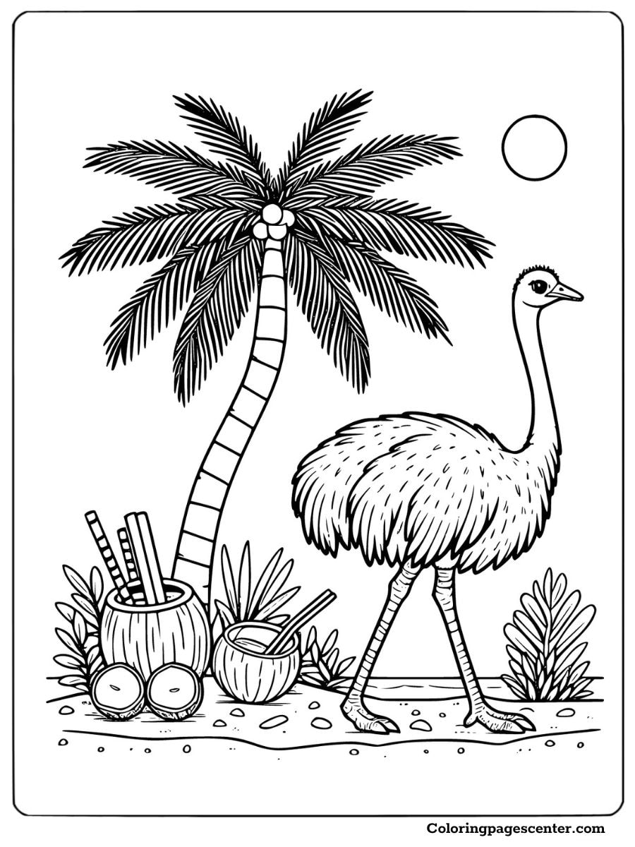 Tropical ostrich coloring page with palm trees and coconuts