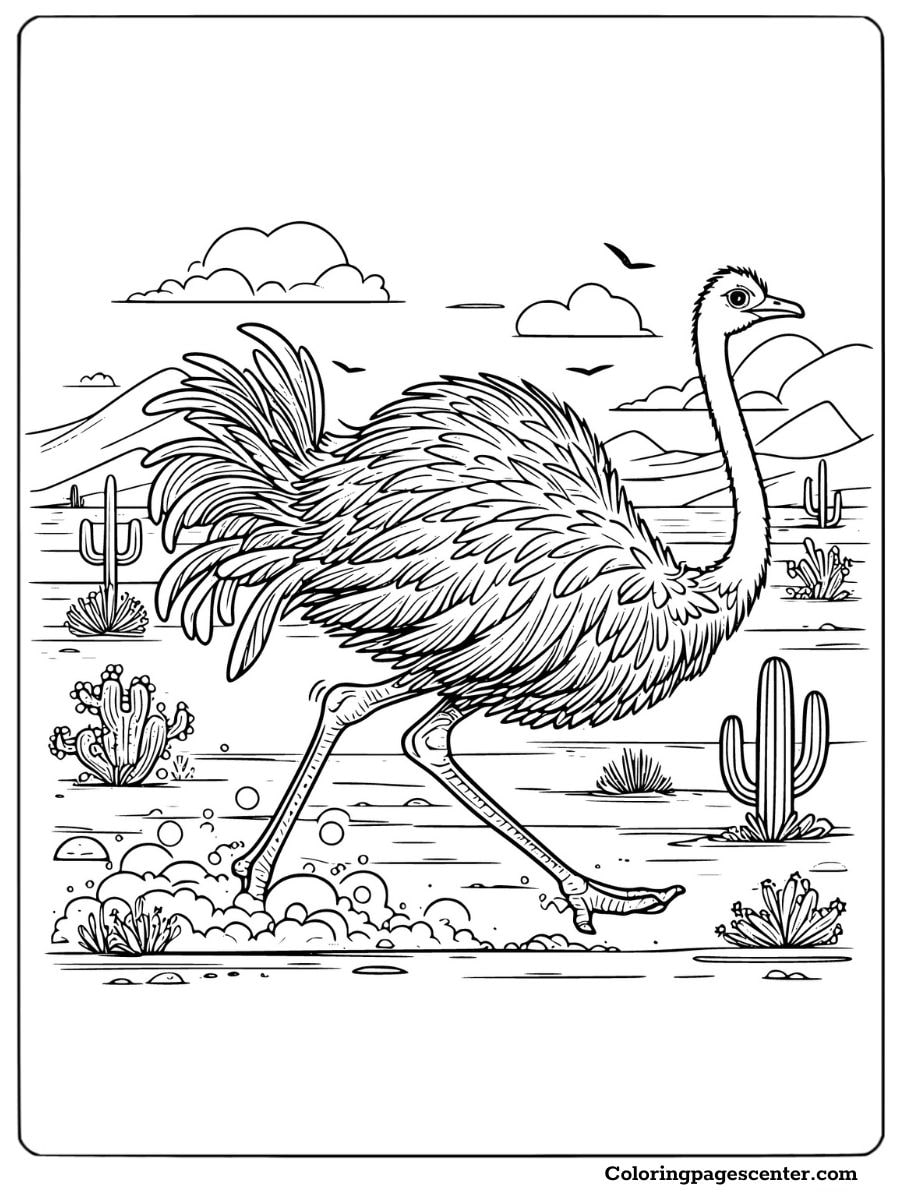 Ostrich coloring page running through a cactus-filled desert