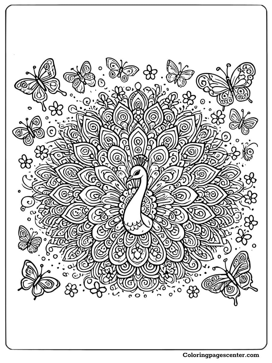 Peacock mandala coloring page with detailed patterns