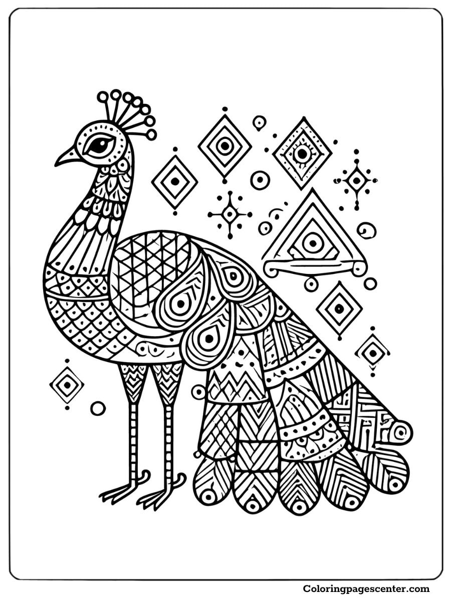 Mandala peacock coloring page featuring artistic designs