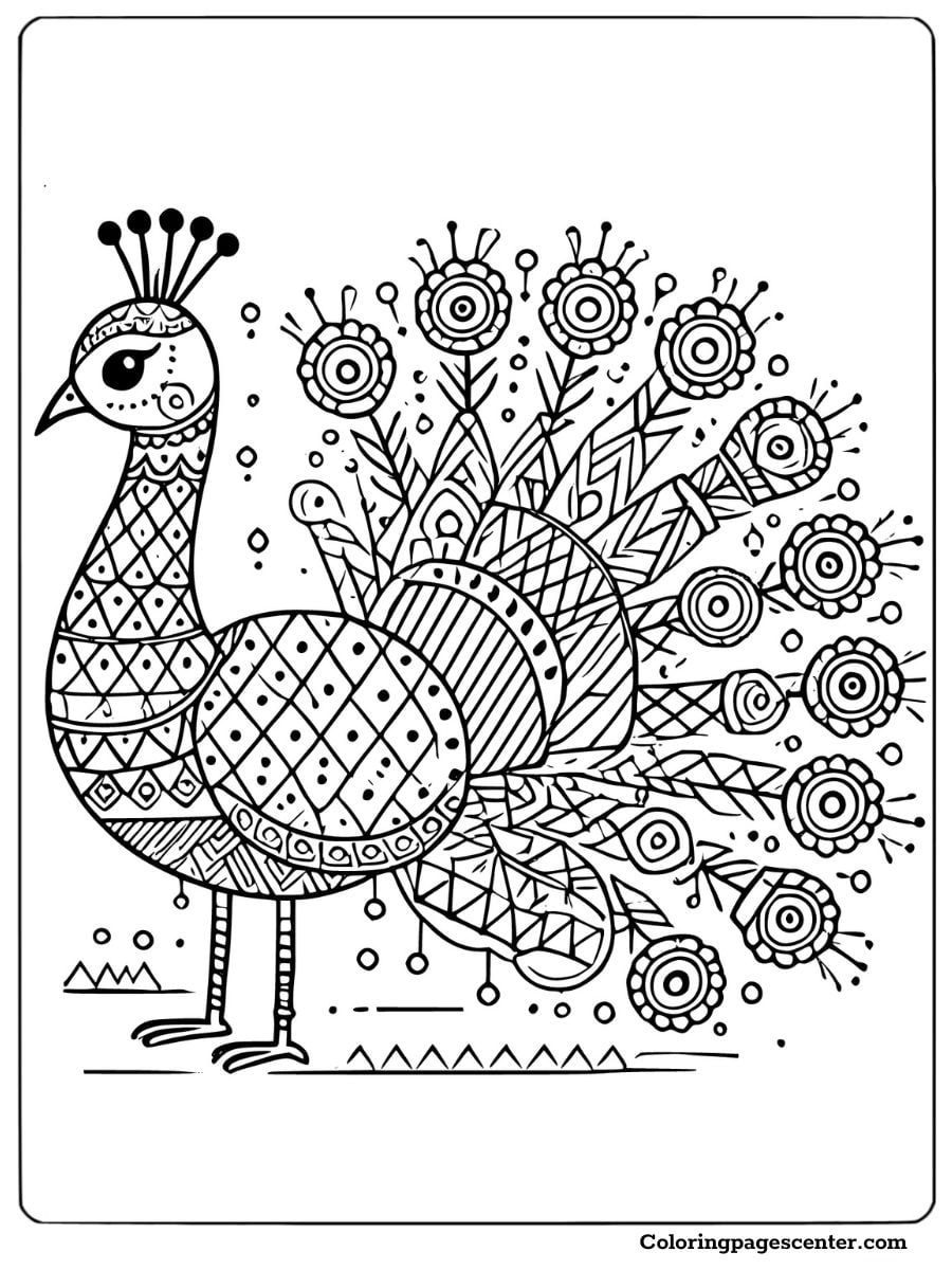 Decorative peacock mandala coloring page with floral motifs