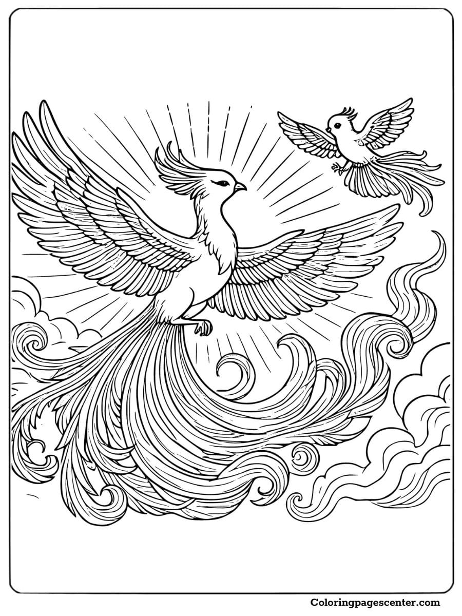 Phoenix with elegant feathers soaring through clouds and sunlight coloring page