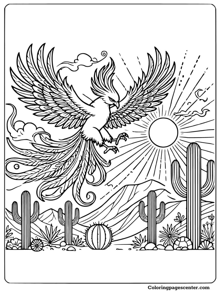 Phoenix bird flying over a desert with cacti and mountains coloring page