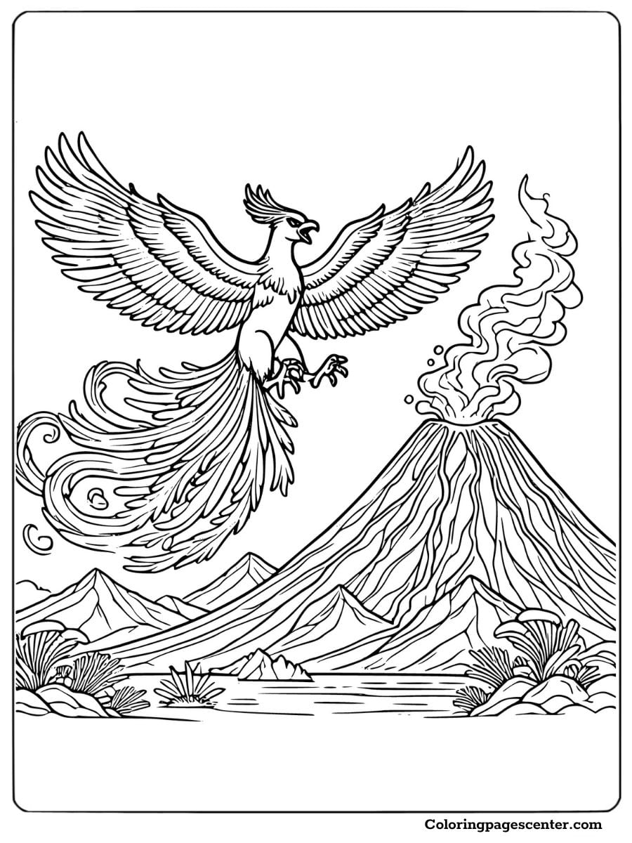 Phoenix bird flying above a volcano with smoke and lava coloring page