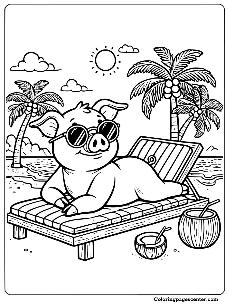 Pig lounging on a beach with coconut drink coloring page