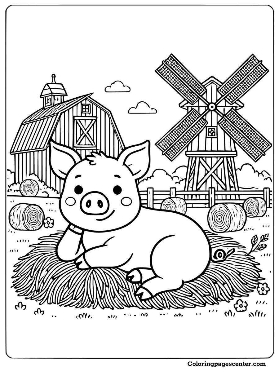 Farm scene with a pig lying in hay near a windmill coloring page