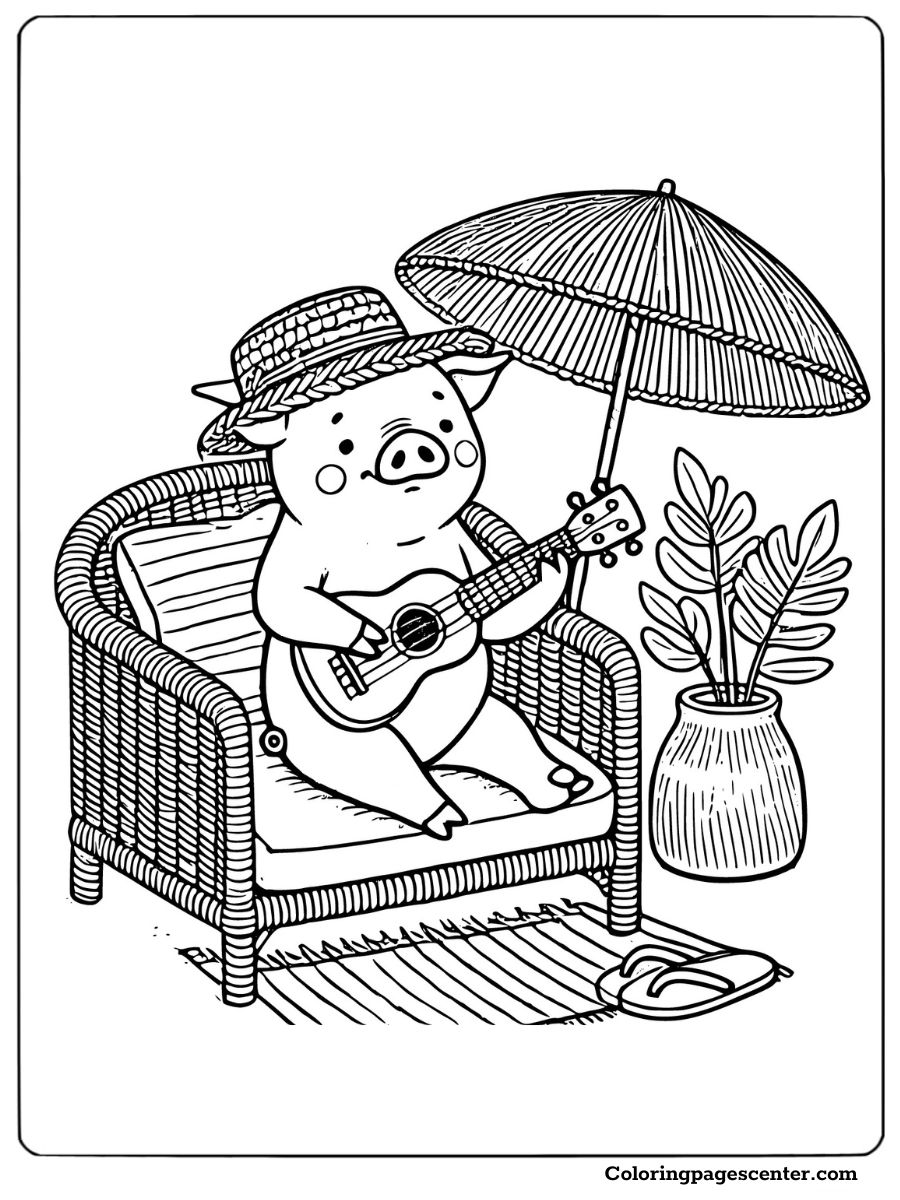 Pig playing guitar in a relaxed outdoor setting coloring page