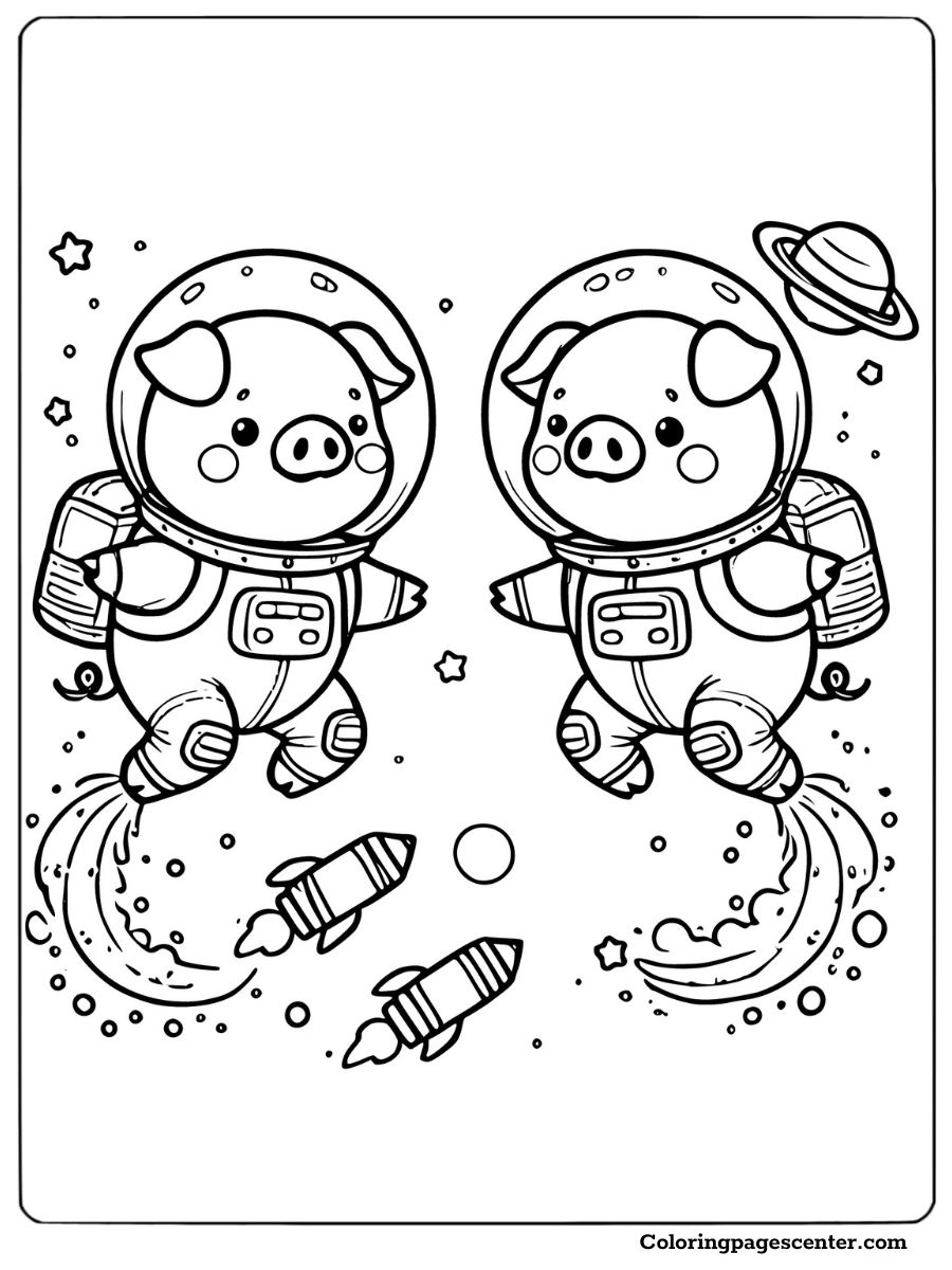 Two space explorers in pigs coloring pages coloring page