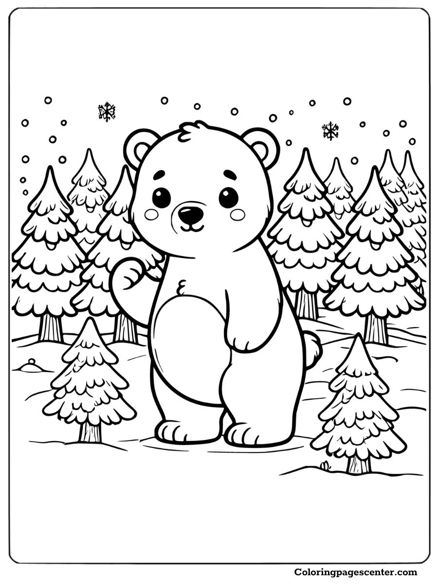 Cute baby polar bear surrounded by snowy trees and snowflakes coloring page