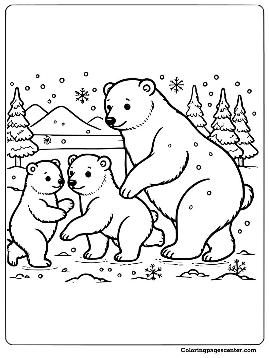 Polar bear family playing in the snow with mountains in the background coloring page