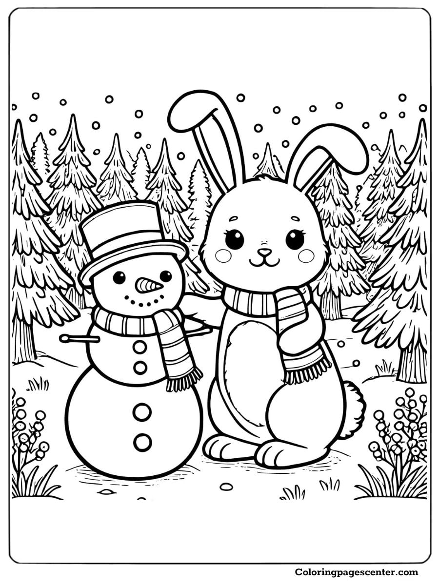 Rabbit and snowman standing together in a forest coloring page