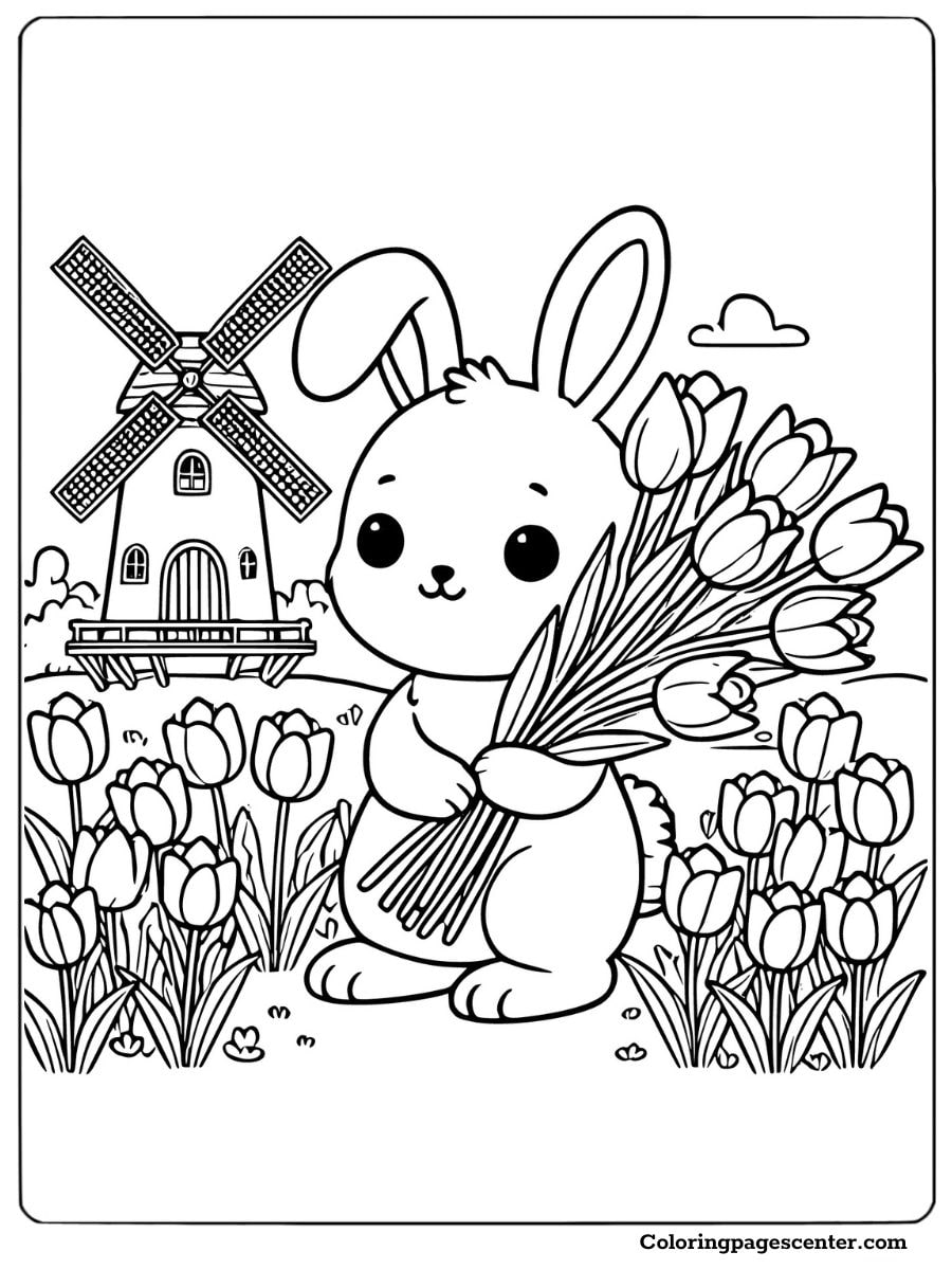 Rabbit with a bouquet of tulips near a windmill coloring page