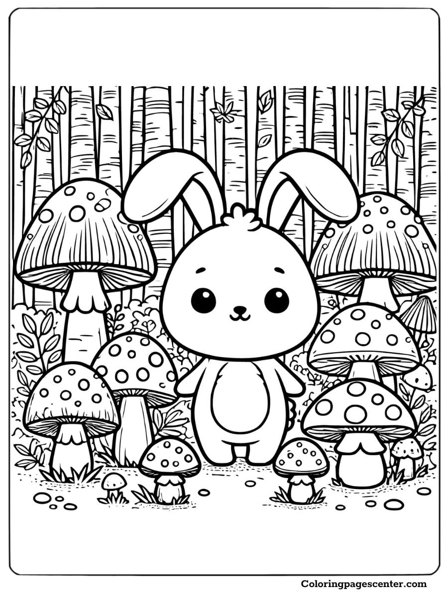 Rabbit surrounded by mushrooms and trees coloring page