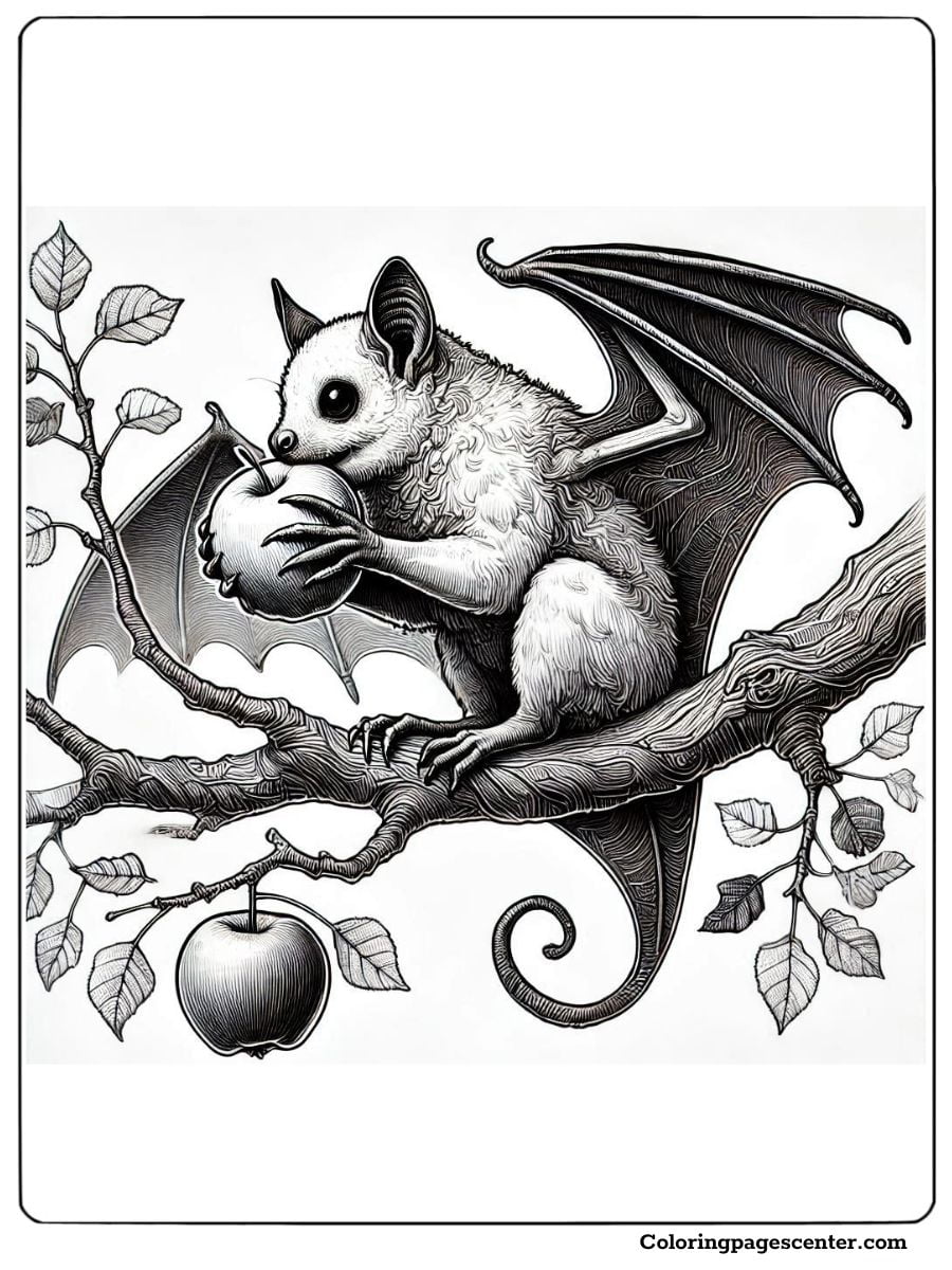 A detailed bat coloring page featuring a bat perched on a tree branch, holding an apple, with leaves around it