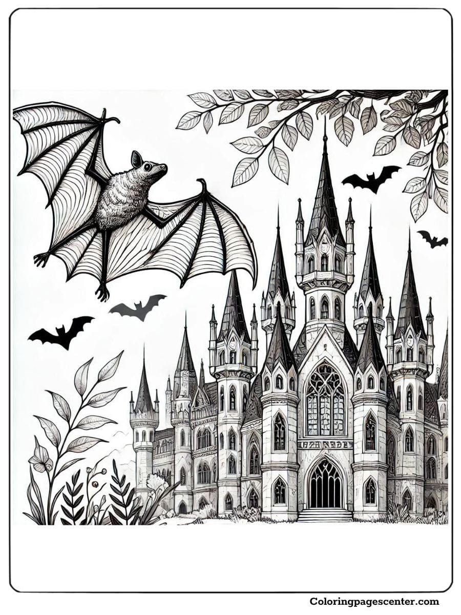 A bat coloring page depicting a bat soaring above a gothic castle, surrounded by trees and other bats in flight