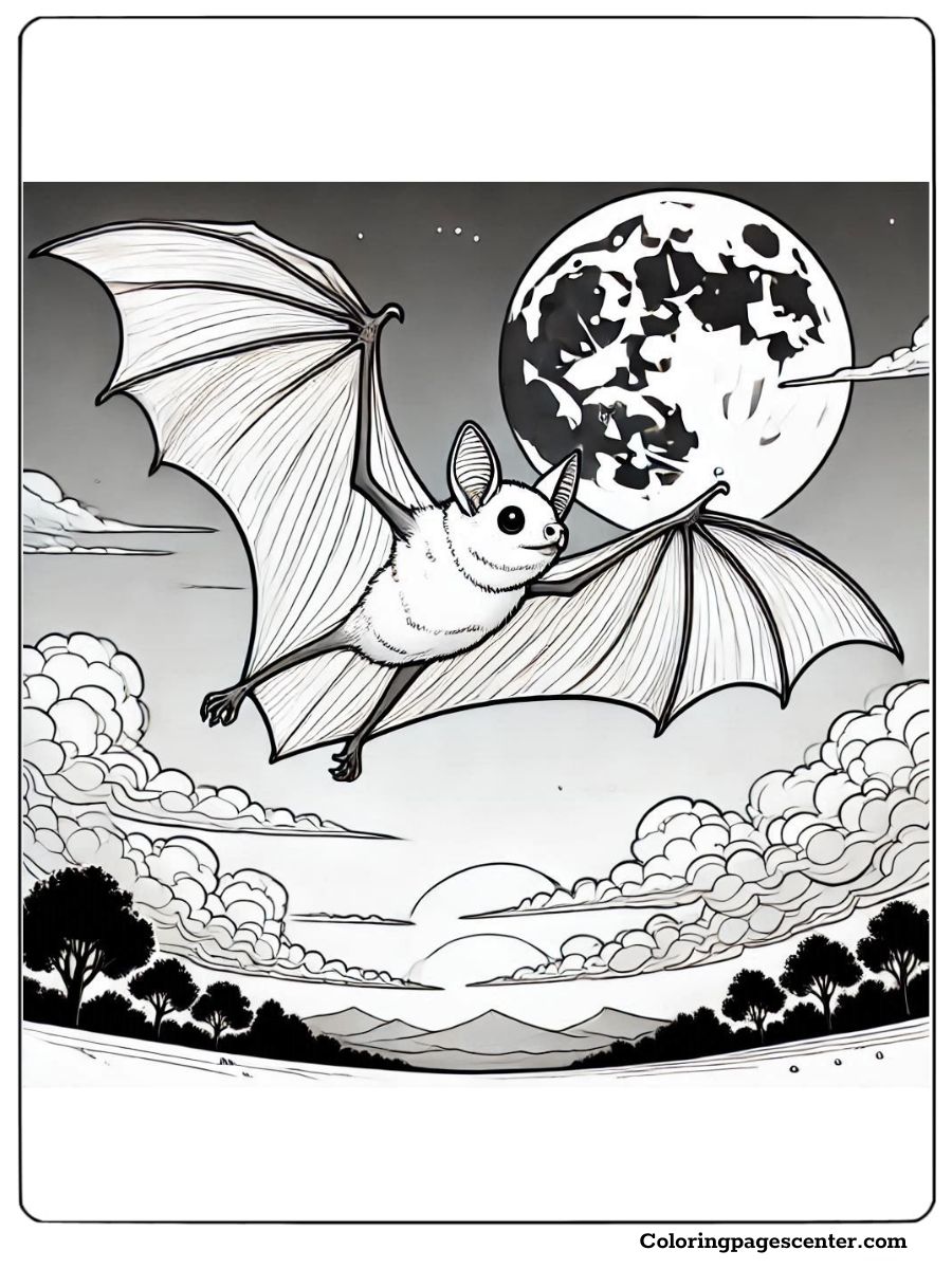 A realistic bat coloring page showing a bat with outstretched wings flying under a full moon and starry sky