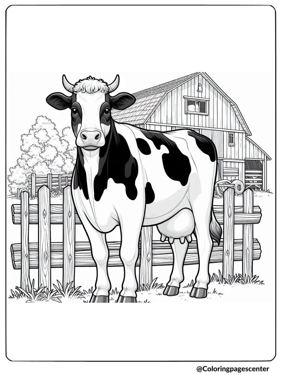 Realistic farm cow standing near a barn and fence coloring page