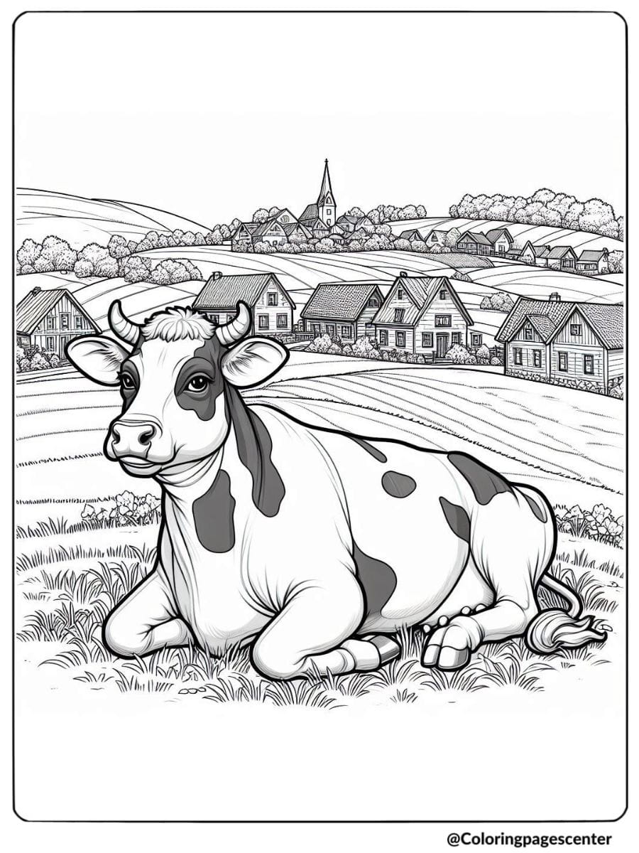 Realistic lying cow with a scenic village backdrop coloring page