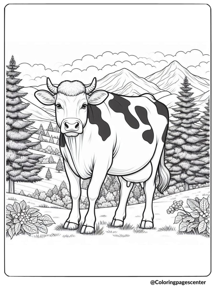 Realistic cow standing with mountains and trees in the background coloring page