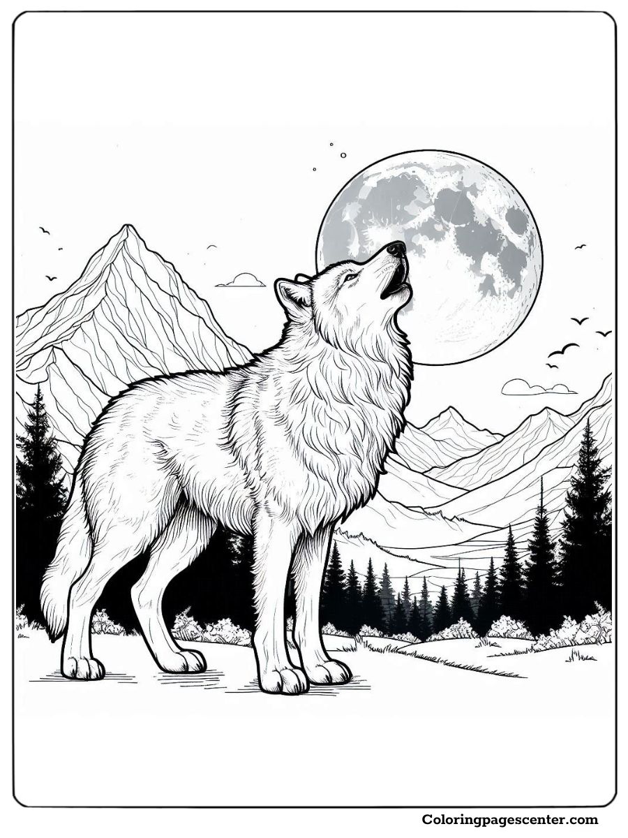 Wolf howling at the full moon with mountains in the background coloring page