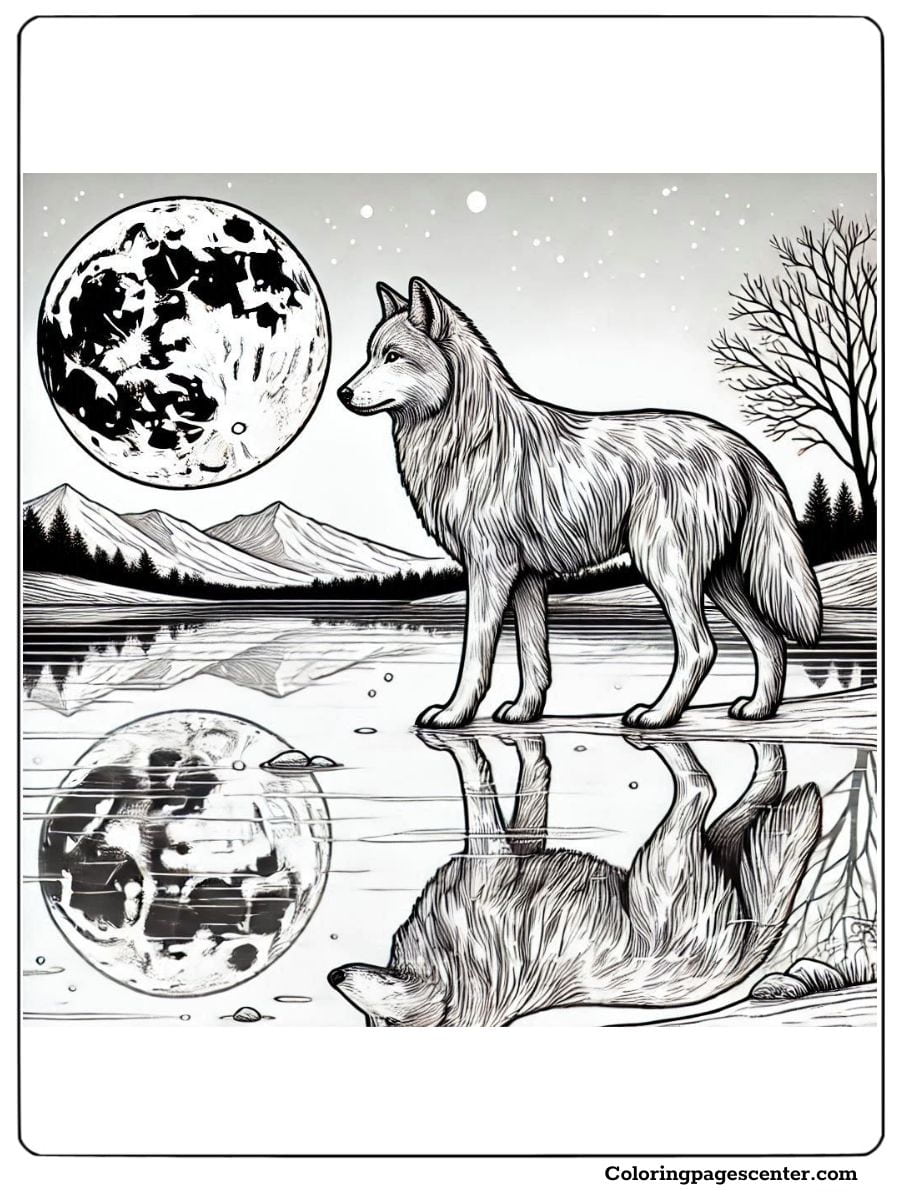 Wolf standing near a reflective lake with a full moon above coloring page