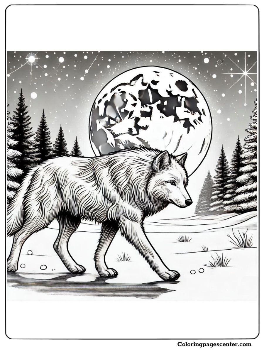 Wolf walking in the snow with a glowing full moon above coloring page