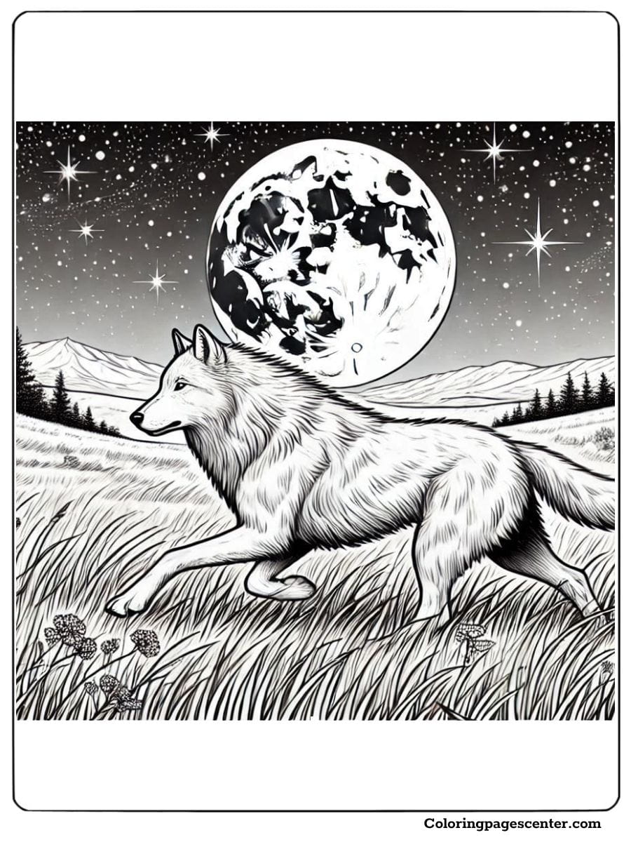 Wolf walking through the grass with a full moon in the sky coloring page