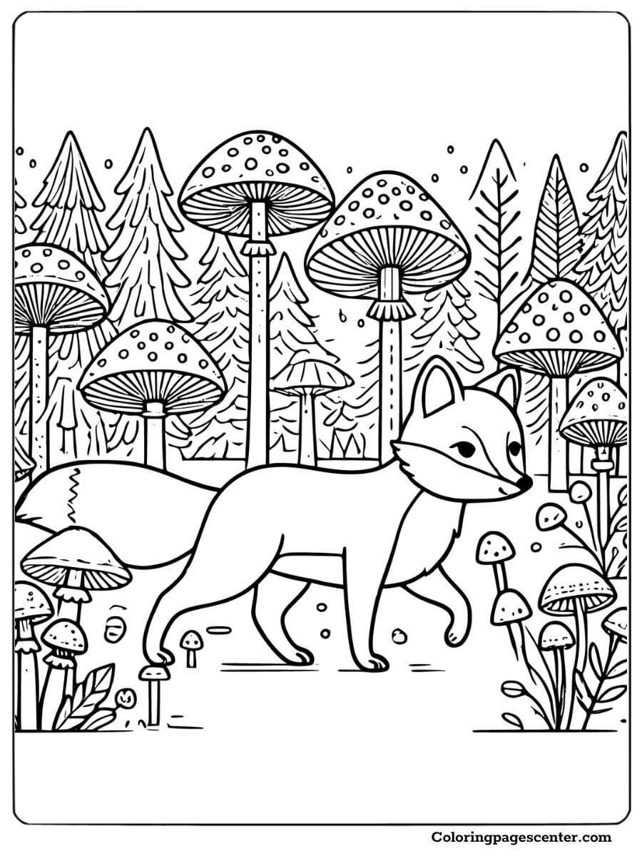 Red fox wandering near mushrooms and tall trees Coloring Page