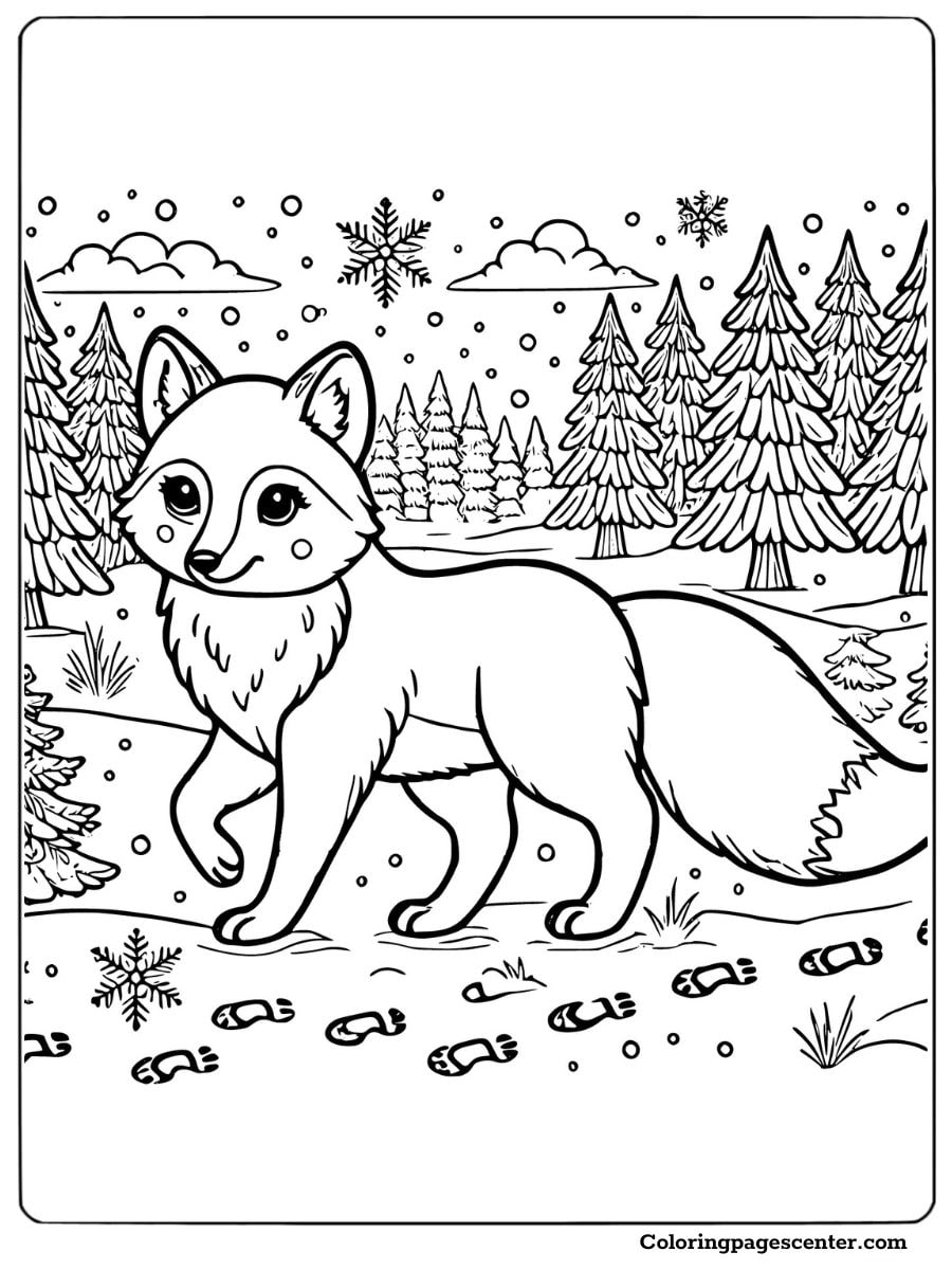 Red fox walking through a snowy landscape with trees Coloring Page