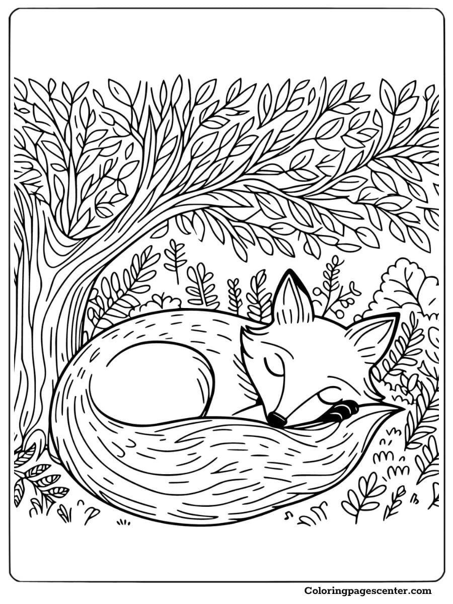 Cozy red fox curled up resting under trees in the forest Coloring Page