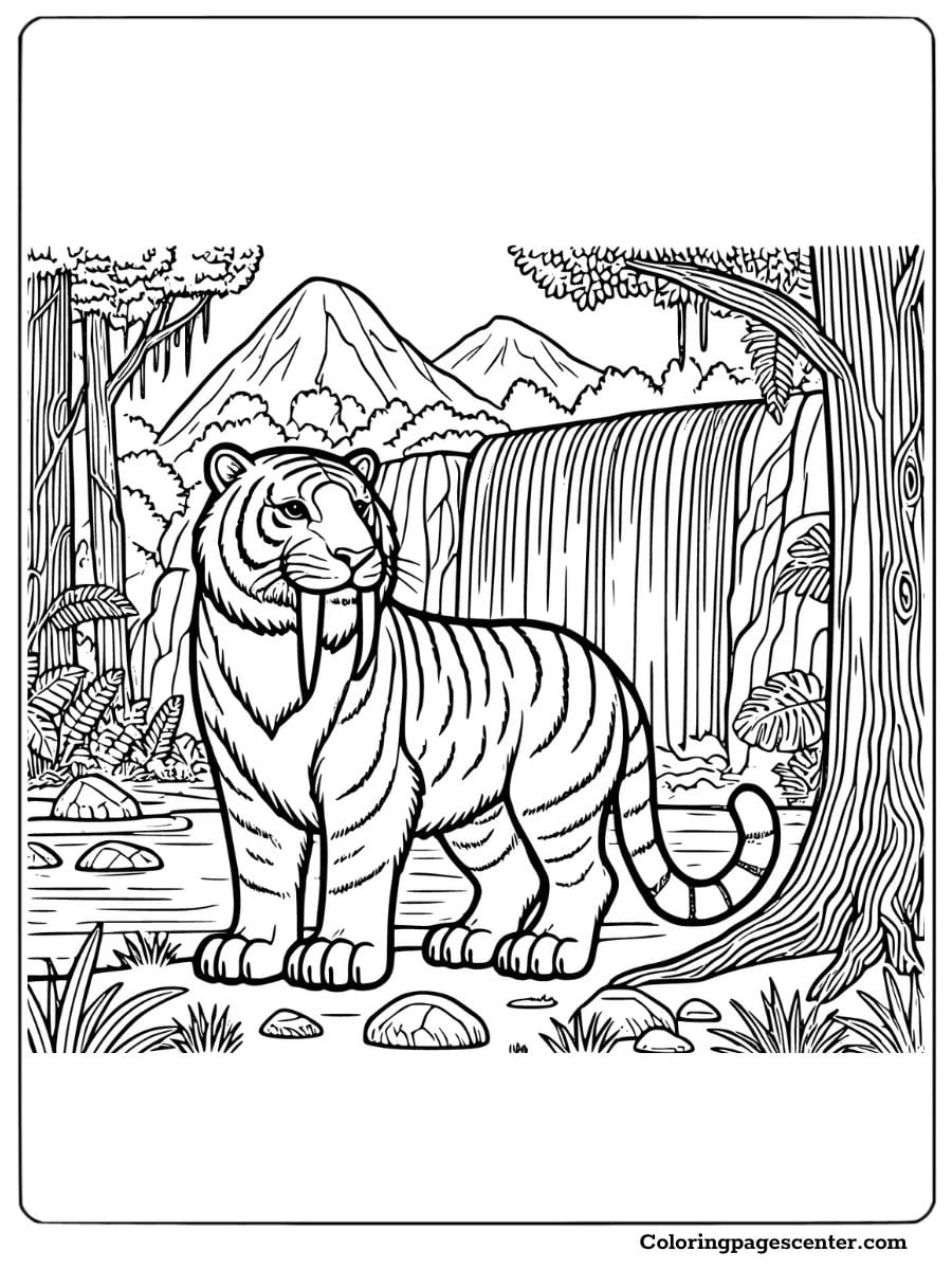 Saber tooth tiger standing near a waterfall in the jungle coloring page