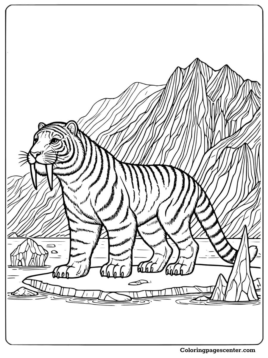 Sabertooth tiger on icy terrain with mountains in the background coloring page