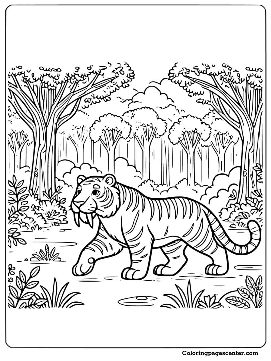 Saber tooth tiger walking in a dense forest surrounded by greenery coloring page