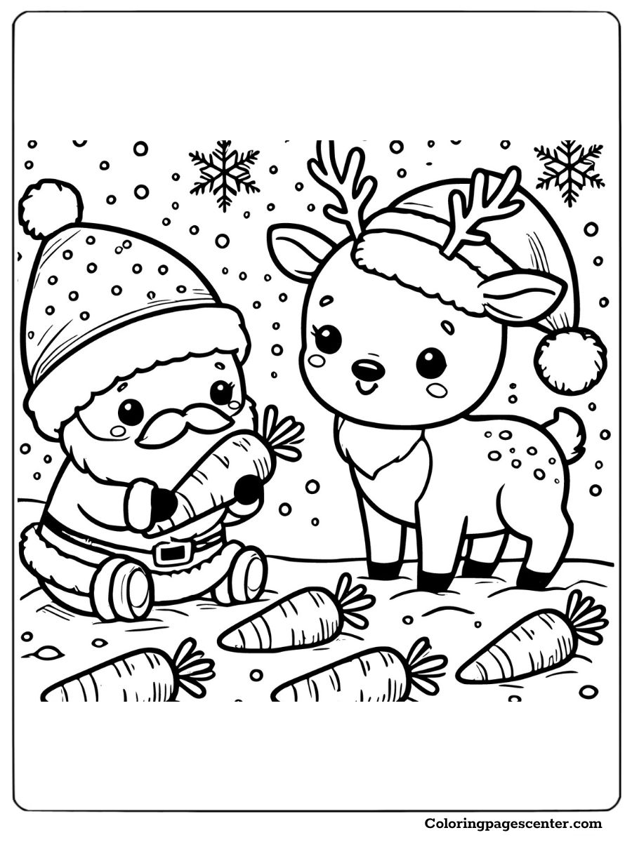 Coloring page of Santa giving carrots to a baby reindeer